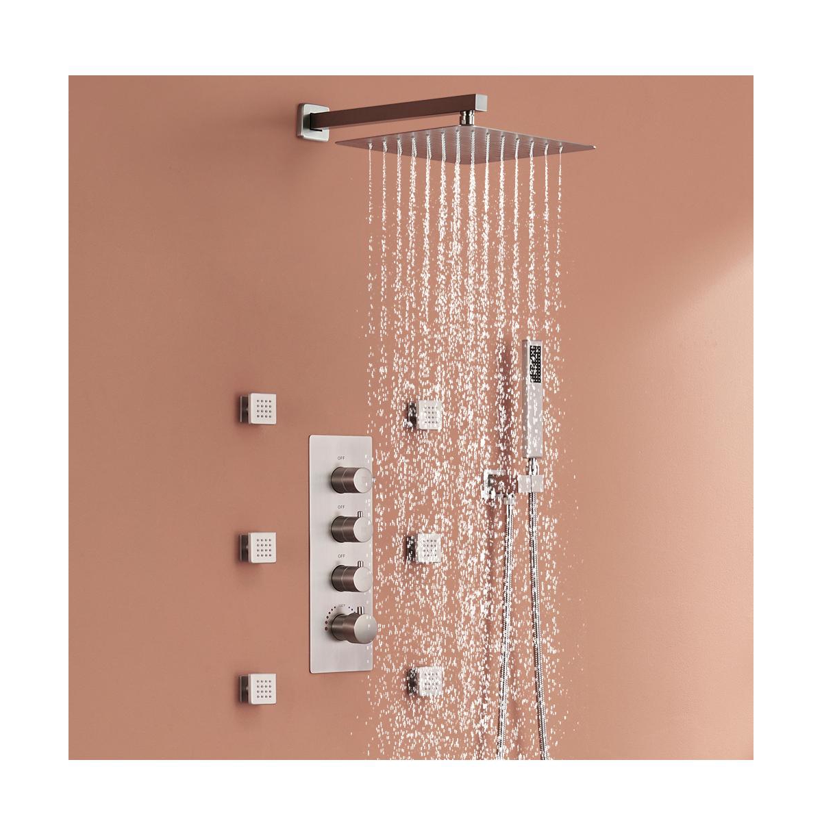 Mondawe Wall Mounted Thermostatic Complete Shower System Set with Handheld Spray & 6 Body Jets, Brushed Gold