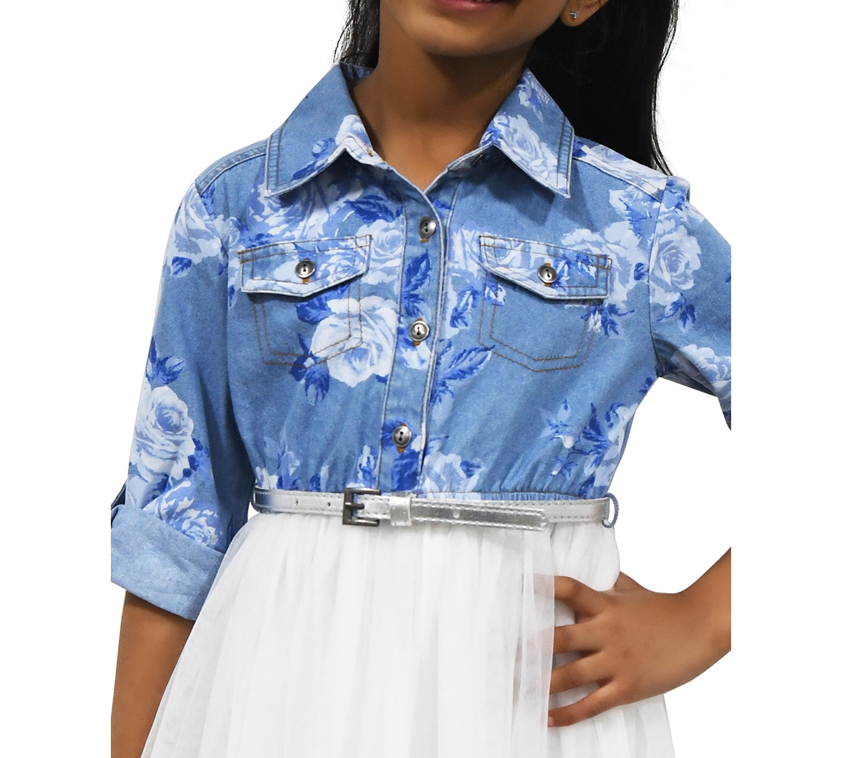 Pink & Violet Toddler & Little Girls Floral-Print Denim Tutu Dress -ivory