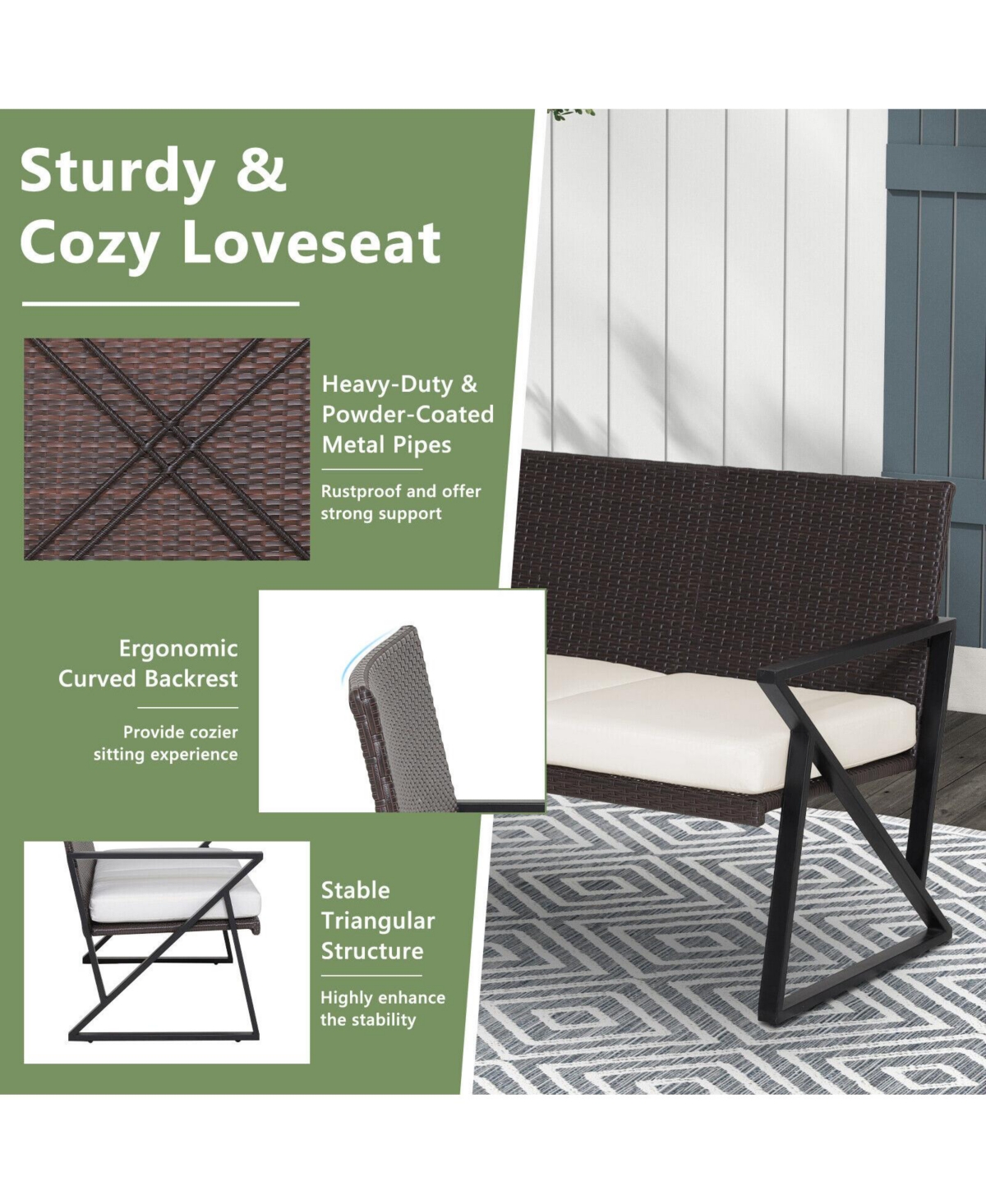 4 Pieces Rattan Patio Rocking Furniture Set with Loveseat and Coffee Table