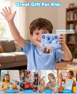 Kids Instant Print Camera 48MP with 16X Zoom, 1080P HD Video, Bluetooth, Dual Lens, 32GB Card & 4 Print Rolls