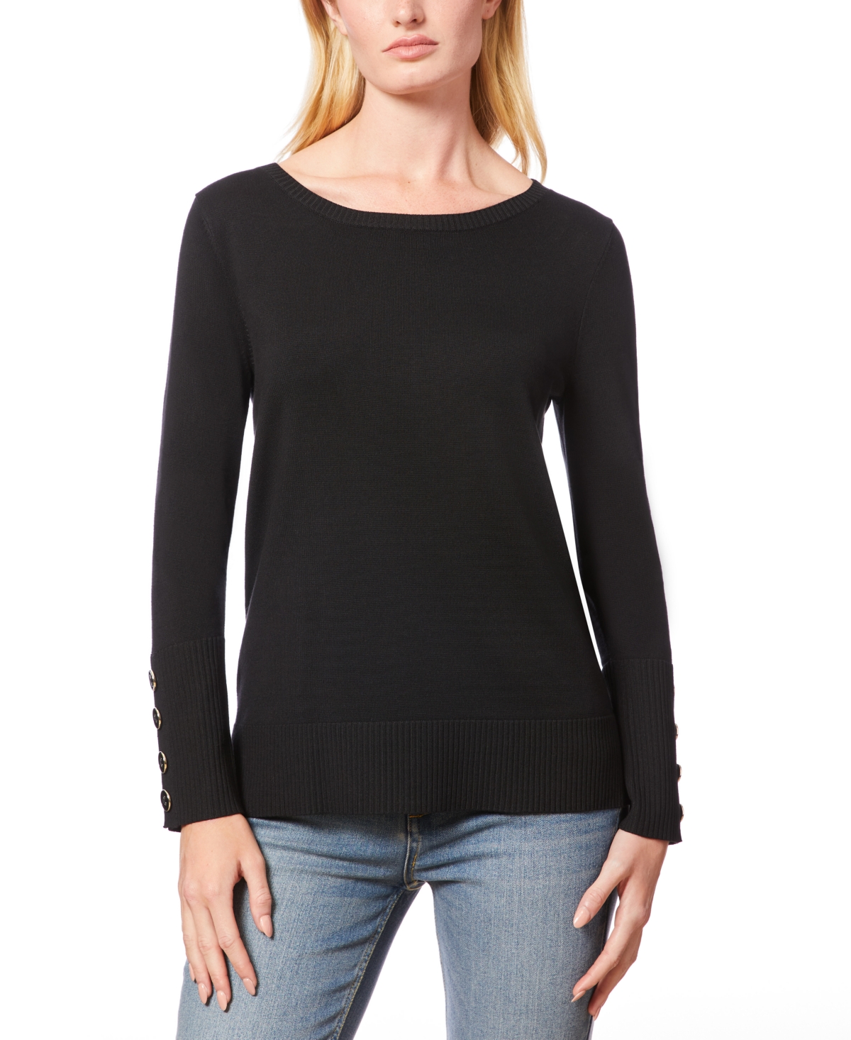 Women's Fine Gauge Boat-Neck Buttoned-Cuff Sweater - Angelfish Blue