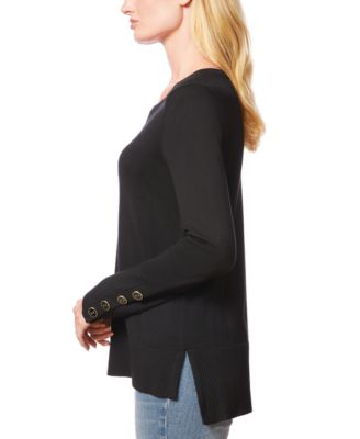 Women's Fine Gauge Boat-Neck Buttoned-Cuff Sweater