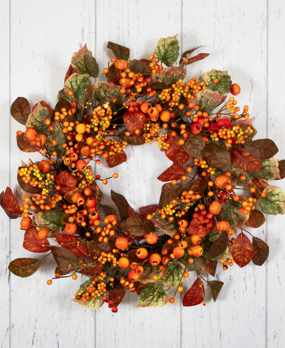 Northlight Berries and Pumpkins Artificial Fall Harvest Wreath - -and Green - Unlit - Orange