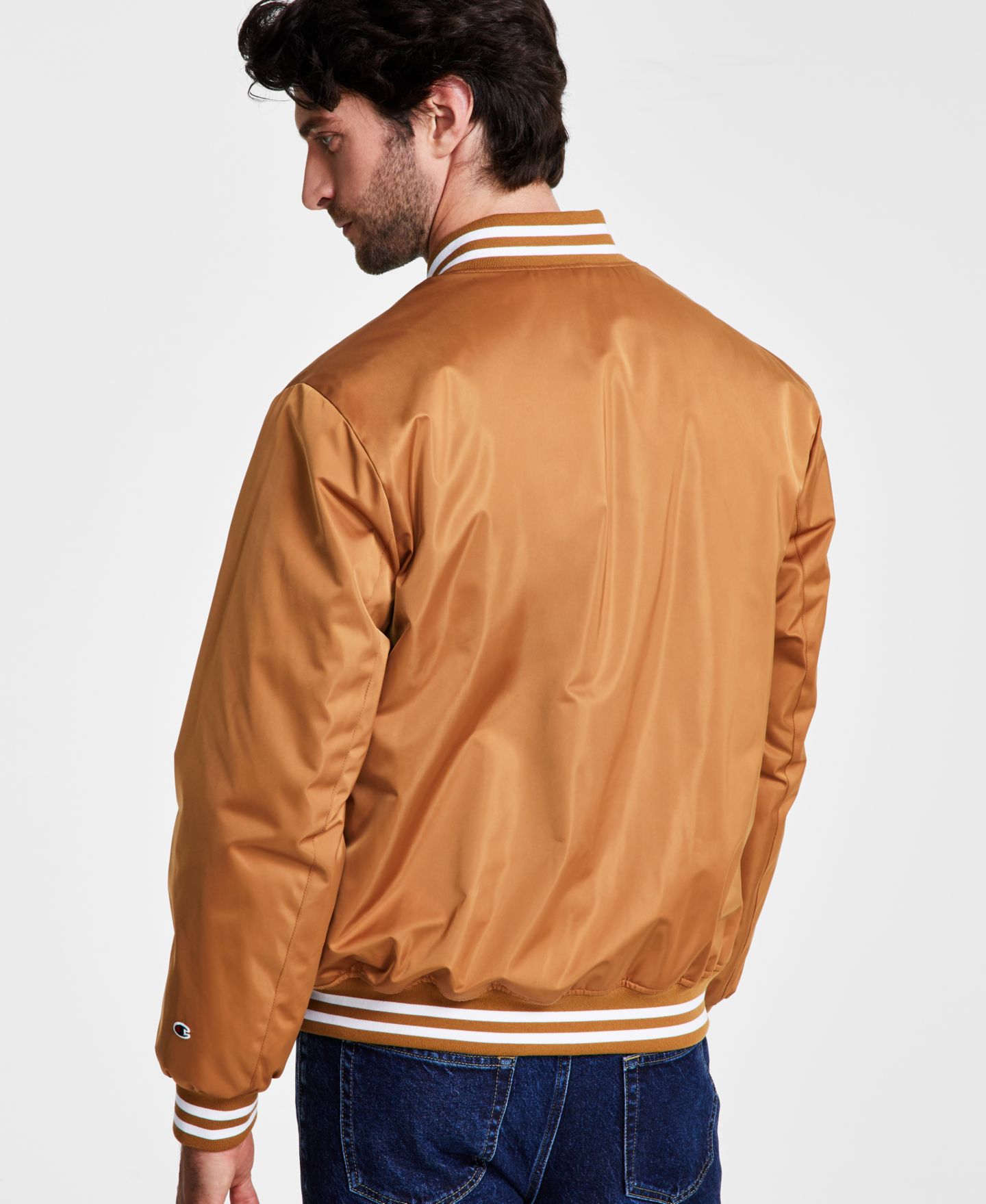 Мужская куртка Champion Classic Logo Striped-Trim Varsity, цвет: Табачный коричневый — фото 2