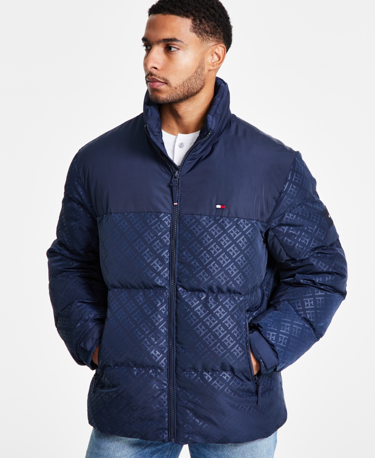 Tommy Hilfiger Men's Mixed-media Puffer Jacket In Print Navy Jacquard