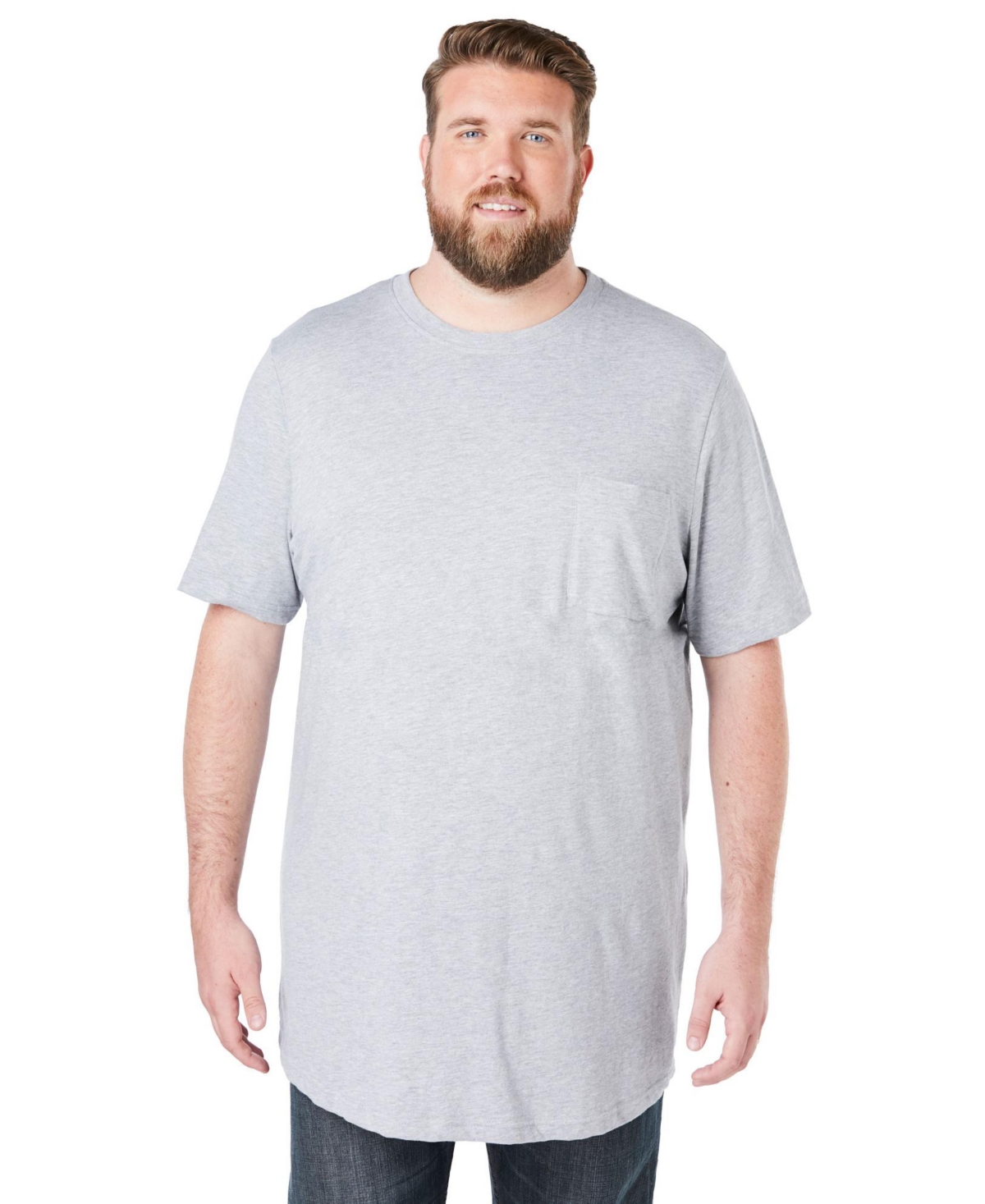 Big & Tall Shrink-Less Lightweight Longer-Length Crewneck Pocket T-Shirt - Heather grey