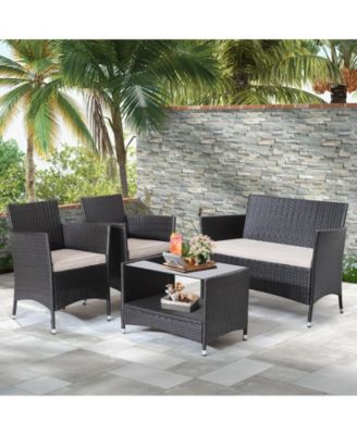 4 Pieces Patio Conversation Set with Soft Cushions and Tempered Glass Tabletop