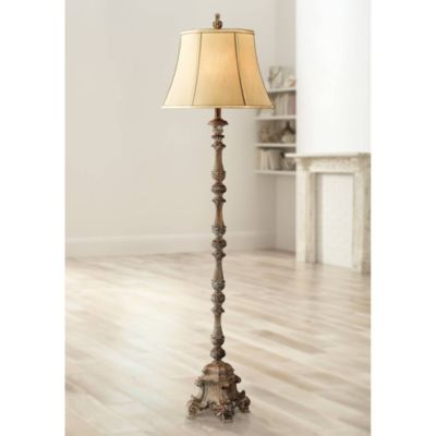 Rustic Floor Lamp 62" Tall French Faux Wood Antique Candlestick Beige Silk Bell Shade for Living Room Reading Bedroom Office