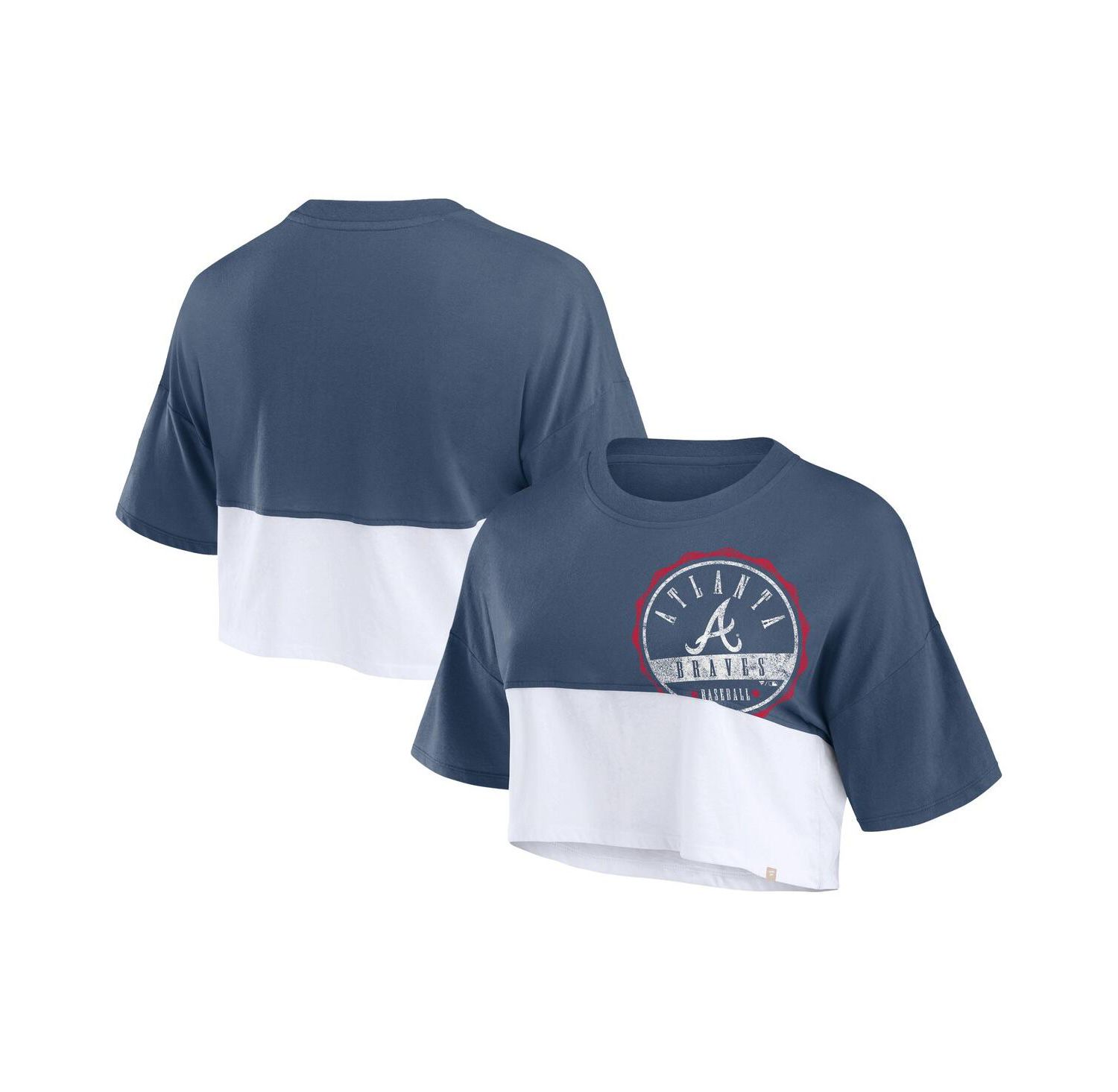Women's Navy/White Atlanta Braves Color Split Boxy Cropped T-Shirt