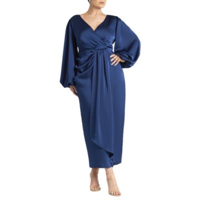 Women's Satin Puff Sleeve Pleated Dress