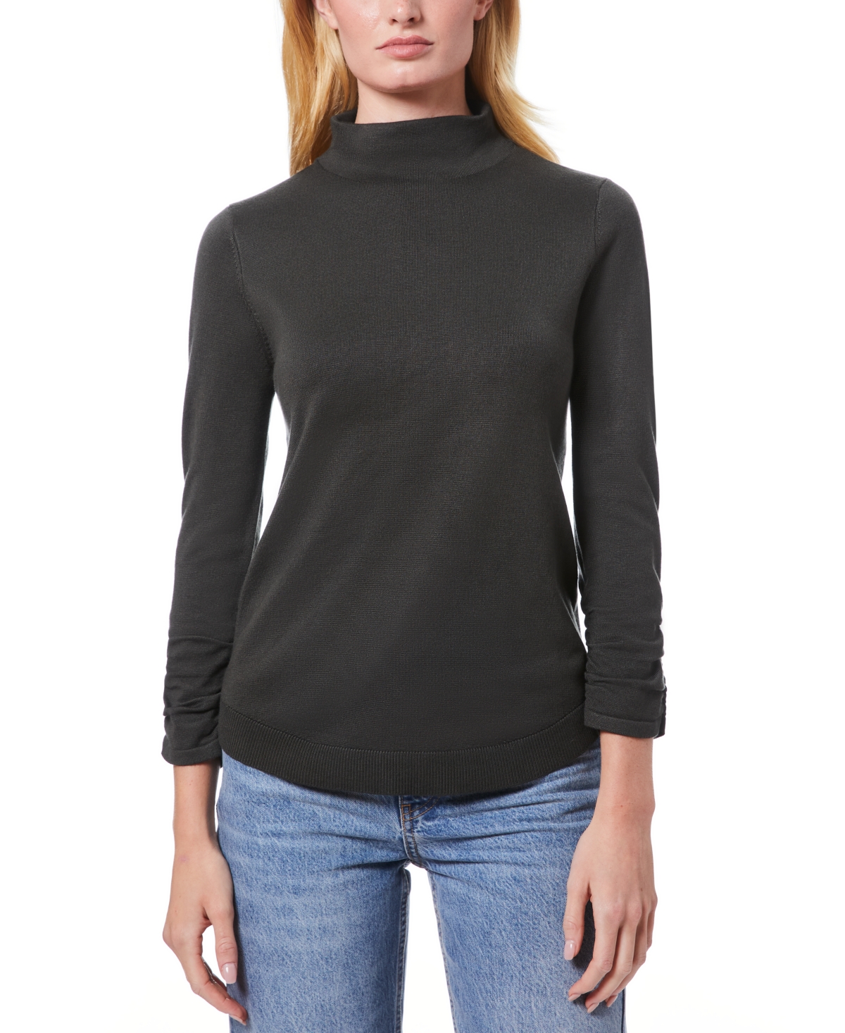 Women's Ruched-Sleeve Funnel-Neck Sweater - Dark Olive