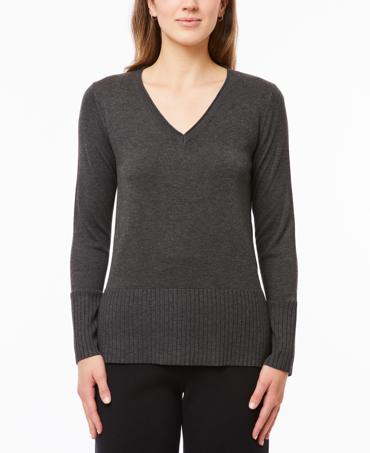 Melissa Paige Women's V-neck Wide-hem Wide-cuff Sweater In Charcoal Grey