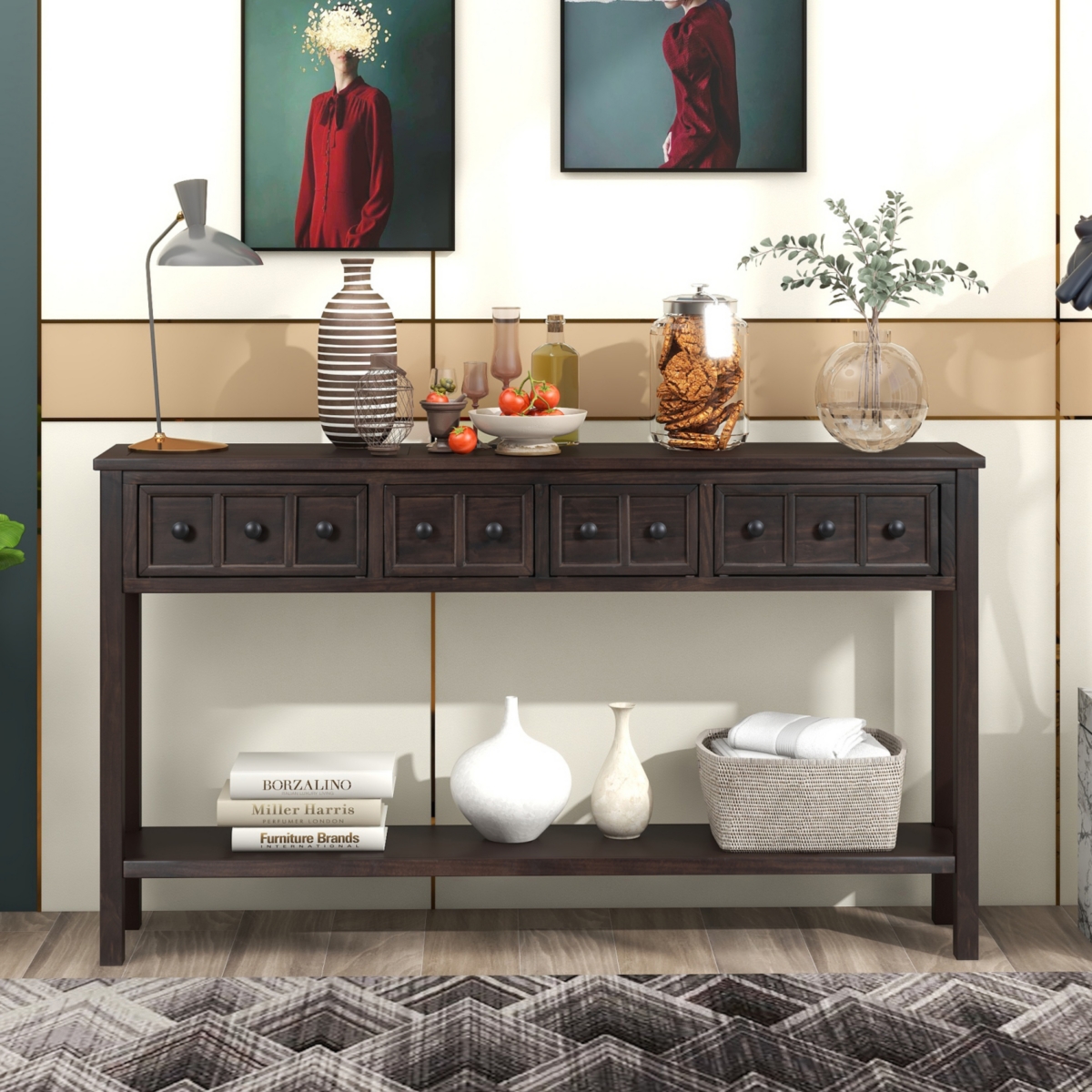 Streamdale Furniture Rustic Entryway Console Table, 60 Long Sofa Table With Two Different Size Drawers And Bottom