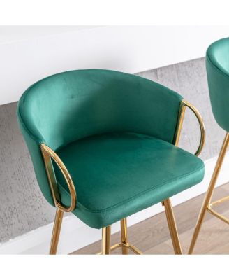 2 Green Velvet Bar Stools with Chrome and Golden Accents