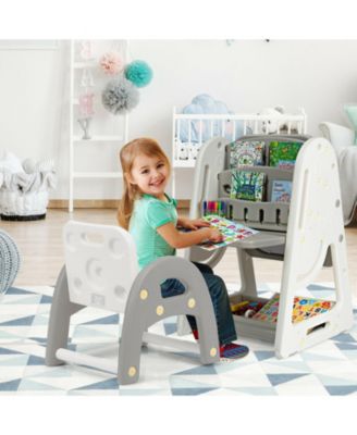 2-in-1 Kids Easel Desk Chair Set Book Rack Adjustable Art Painting Board