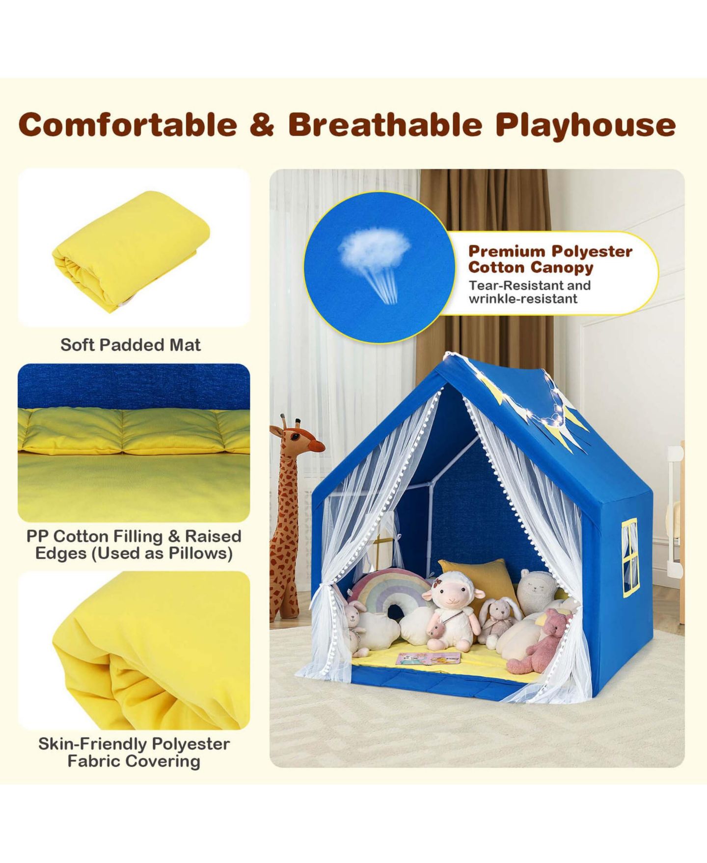 Детская игрушка Costway Large Star Light Play Tent with Washable Cotton Mat, Ages 2+, цвет: Синий — фото 6
