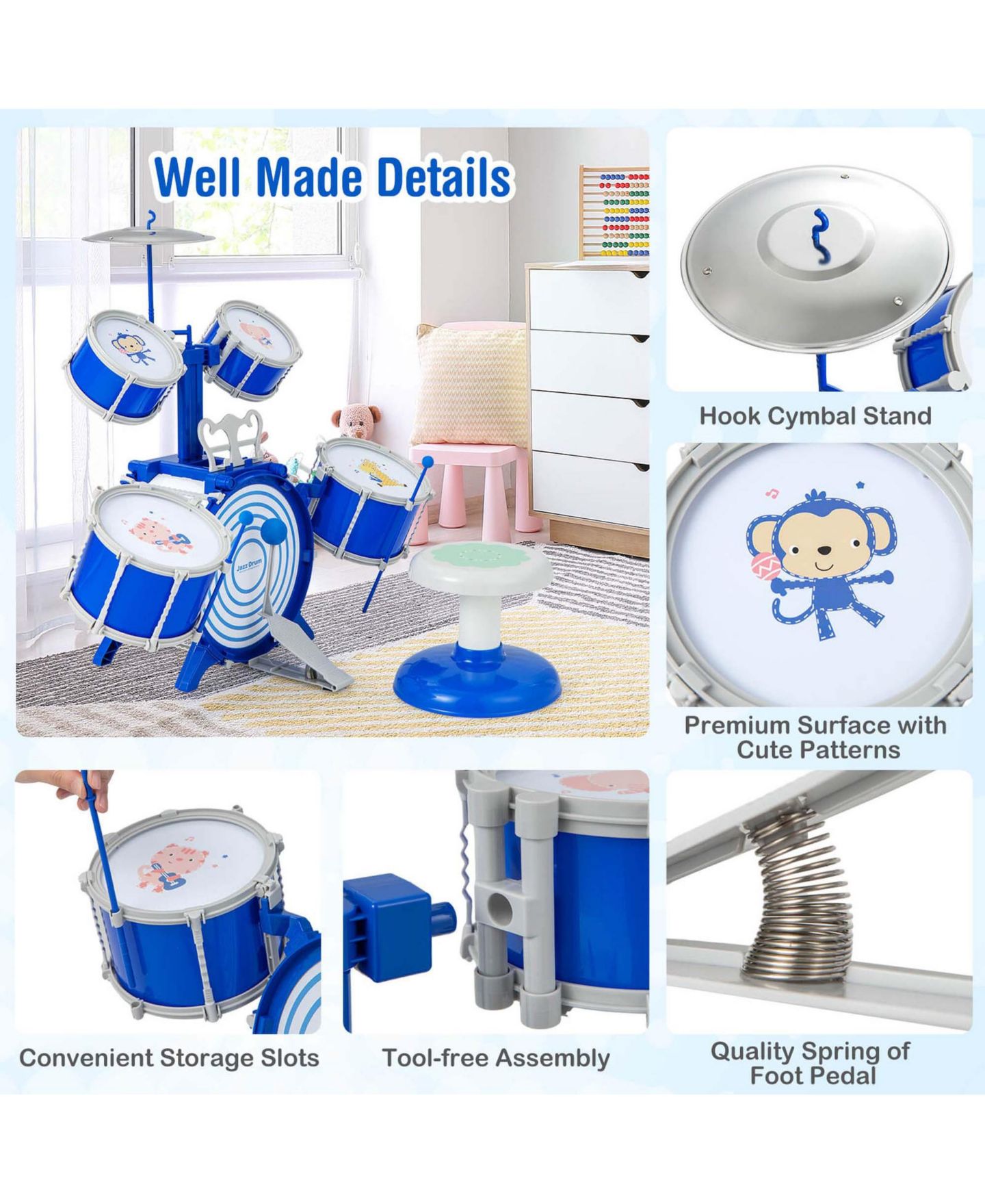 Детские игрушки Costway Kids Percussion 5-Piece Drum Set, Ages 3+, цвет: Синий — фото 7