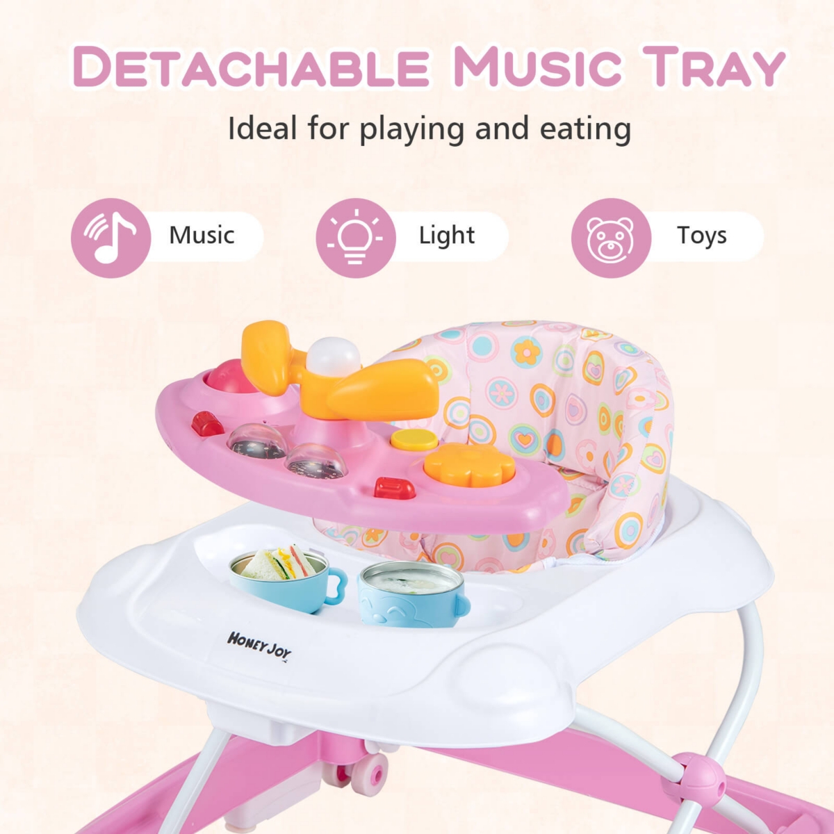 Costway Foldable Baby Walker with 3 Adjustable Heights Comfy Padded Seat Music Tray