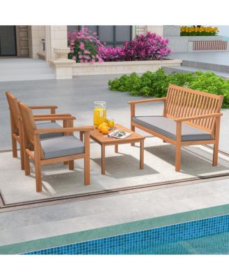4 PCS Patio Wood Furniture Set with Loveseat, 2 Chairs & Coffee Table for Porch