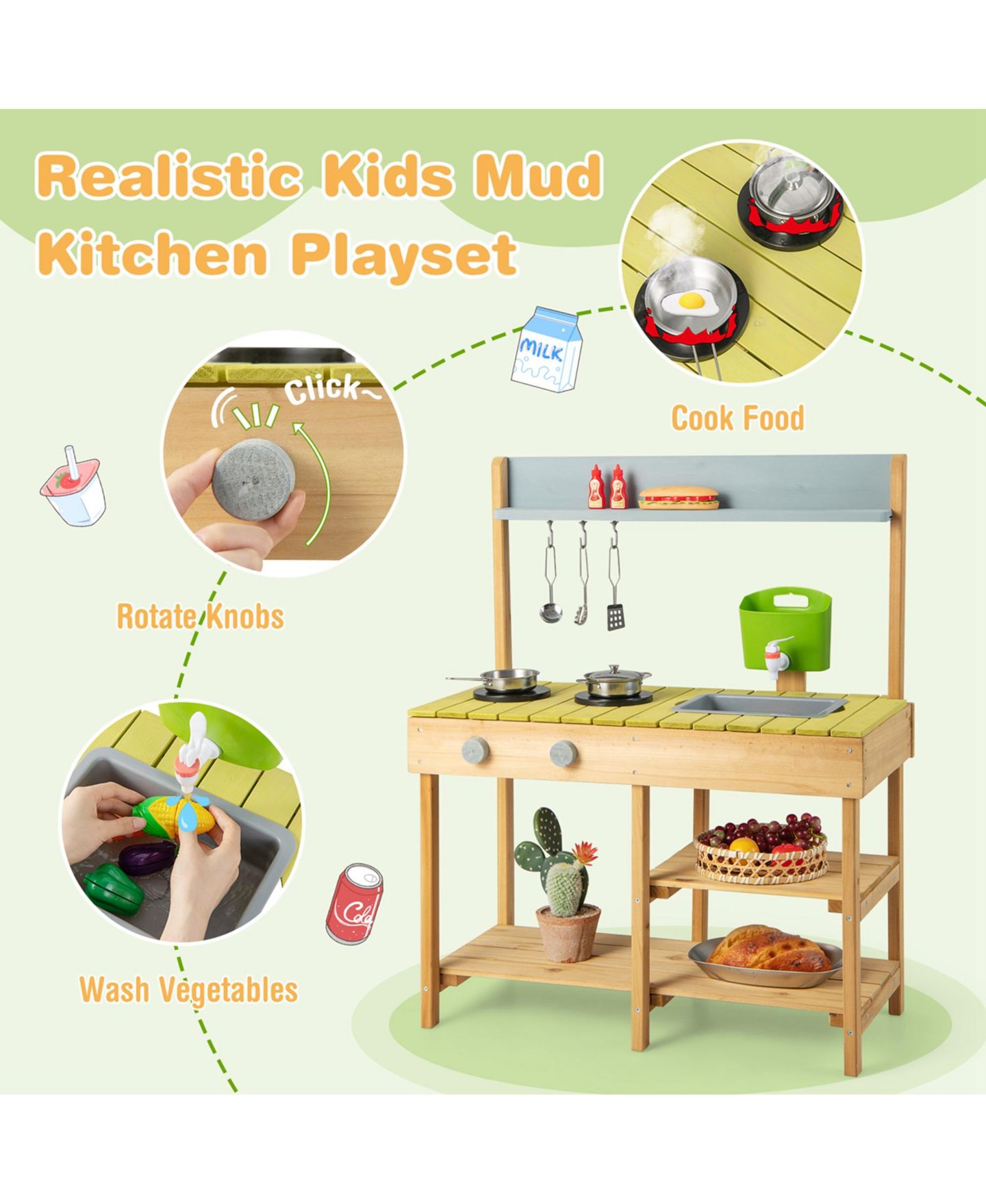 Детская игрушка Costway Removable Water Box Wooden Outdoor Mud Kitchen, 1-Piece, от 3 лет, цвет: Натуральный — фото 4