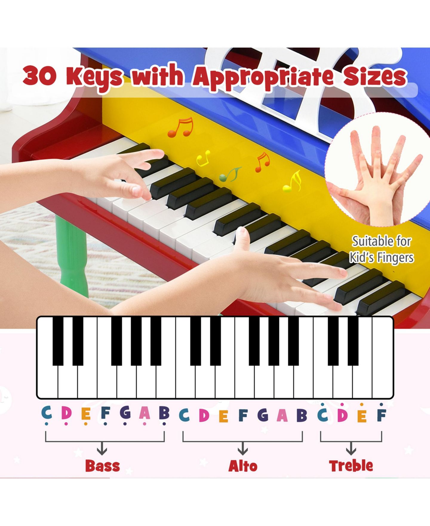 Детские игрушки Costway 30-Key Classic Baby Grand Piano Musical 3-Piece Set, Ages 3+, цвет: Assorted Pre-Pack — фото 8