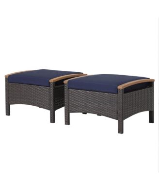 Set of 2 Patio Rattan Ottoman Footrest Cushions Wooden Handle