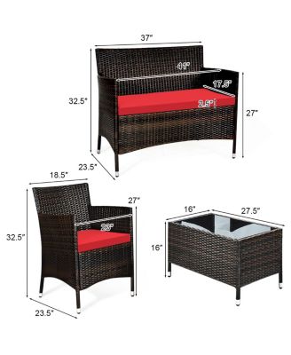 4PCS Patio Furniture Set Rattan Conversation Set W/ Tempered Glass Coffee Table