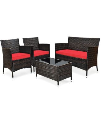 4PCS Patio Furniture Set Rattan Conversation Set W/ Tempered Glass Coffee Table
