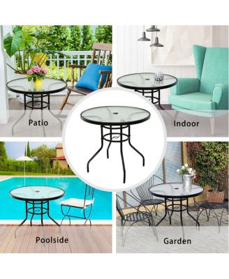 32'' Patio Round Table Tempered Glass Steel Frame Outdoor Pool Yard Garden
