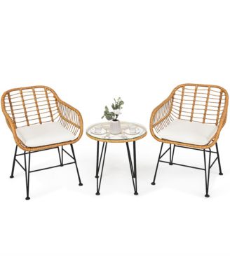 3PCS Patio Rattan Bistro Furniture Set Cushioned Chair Table
