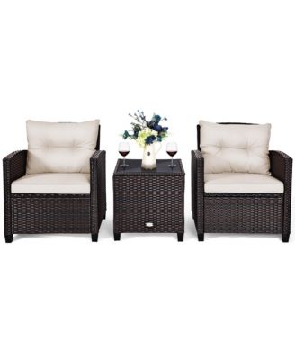 3PCS Patio Rattan Furniture Set Cushioned Sofa Coffee Table Garden