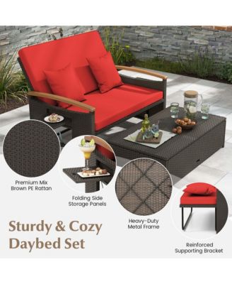 Patio Rattan Daybed Set with Cushioned Loveseat & Storage Ottoman for Porch