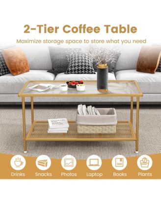 2-Tier Coffee Table with Shelf with Tempered Glass Top & Metal Frame Living Room