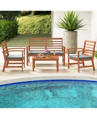 4 PCS Outdoor Furniture Set with Soft Seat Cushions Stable Acacia Wood Frame