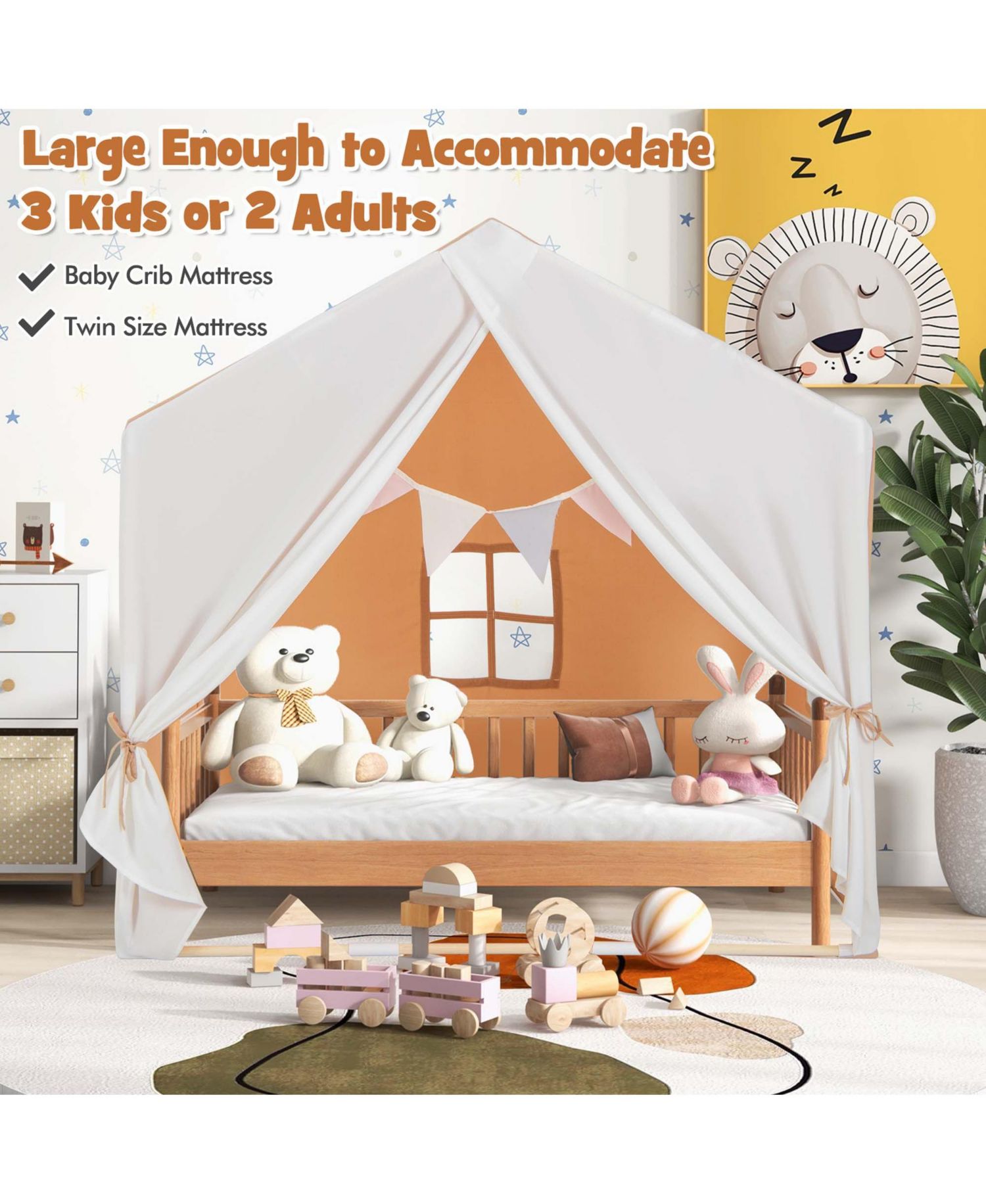 Kids' Castle Play Tent with Solid-Wood Frame and Washable Mat