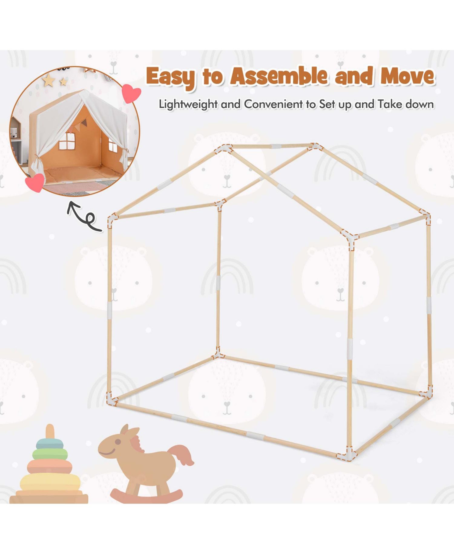Kids' Castle Play Tent with Solid-Wood Frame and Washable Mat