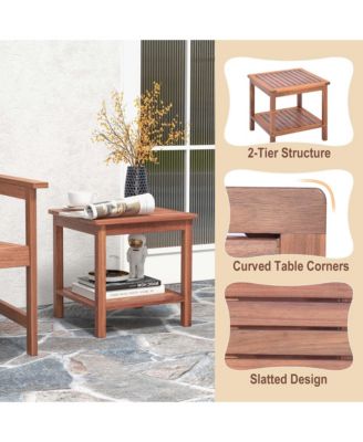 Patio Acacia Wood Side Table 2-Tier Square End Table Porch Poolside
