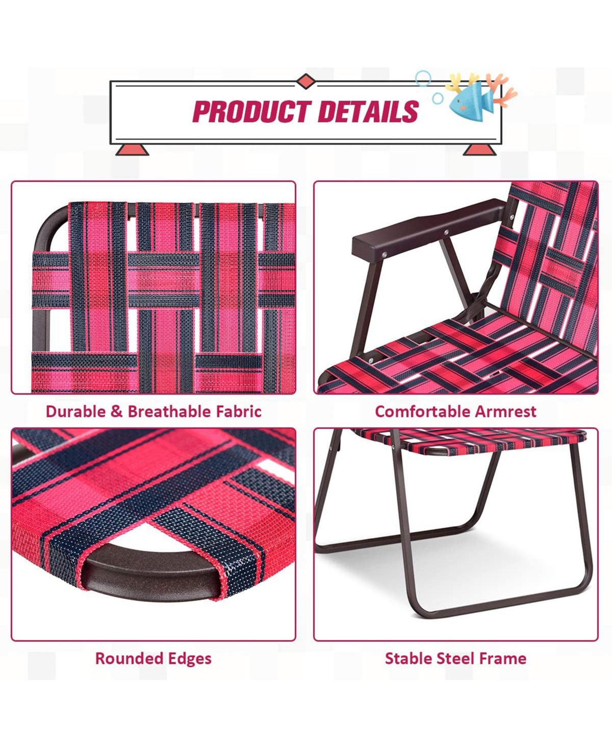 Gymax Set of 6 Patio Folding Web Chair Set Portable Beach Camping Chair- Red