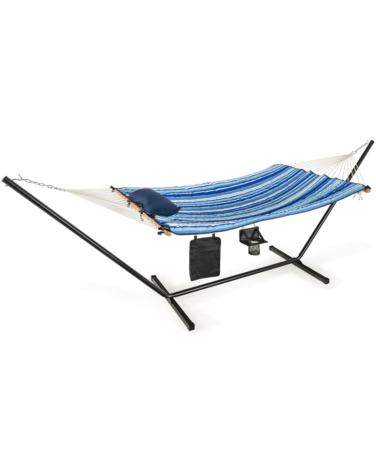 Gymax Swing Hammock Chair Set Hanging Bed w/ Heavy-Duty Steel Stand Cup Holder - Blue+black