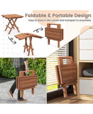 2 Pieces Indonesia Teak Wood Folding End Table Square Side Table w/ Slatted Tabletop Yard Natural