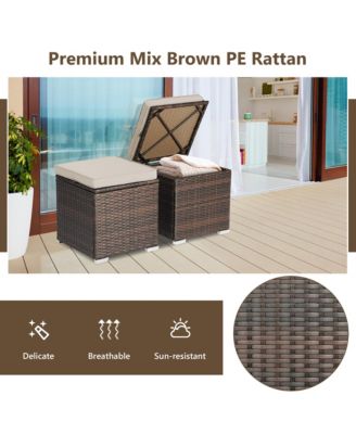2PCS Patio Rattan Ottomans Seat Side Table Storage Box Footstool with Cushion