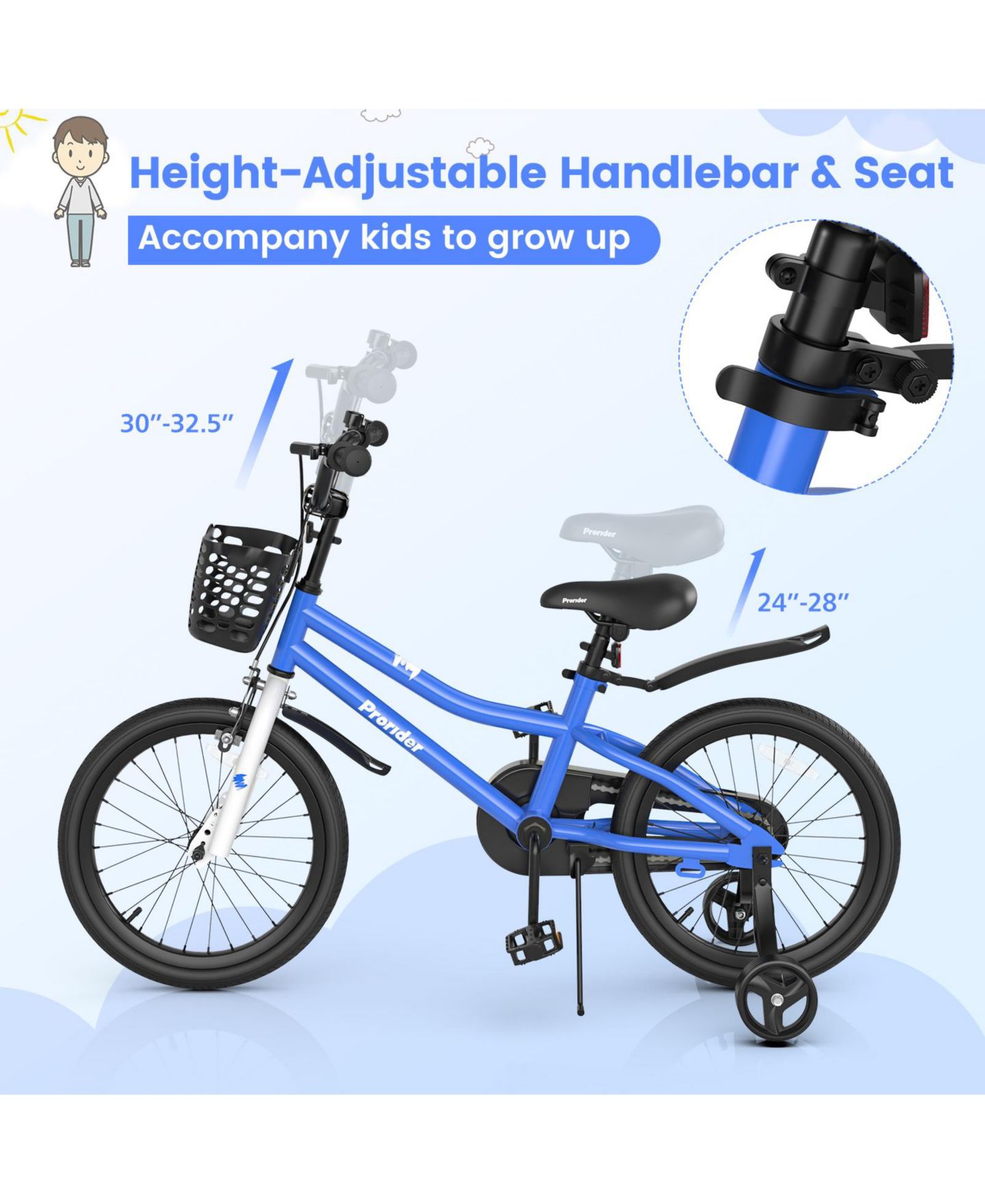 Детская игрушка Costway 18-Inch Kids' Bike with Adjustable Handlebar & Saddle, Removable Training Wheels, 4–8 лет, цвет: Синий — фото 5