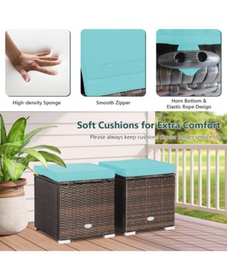 2PCS Patio Rattan Ottomans Seat Side Table Storage Box Footstool with Cushion