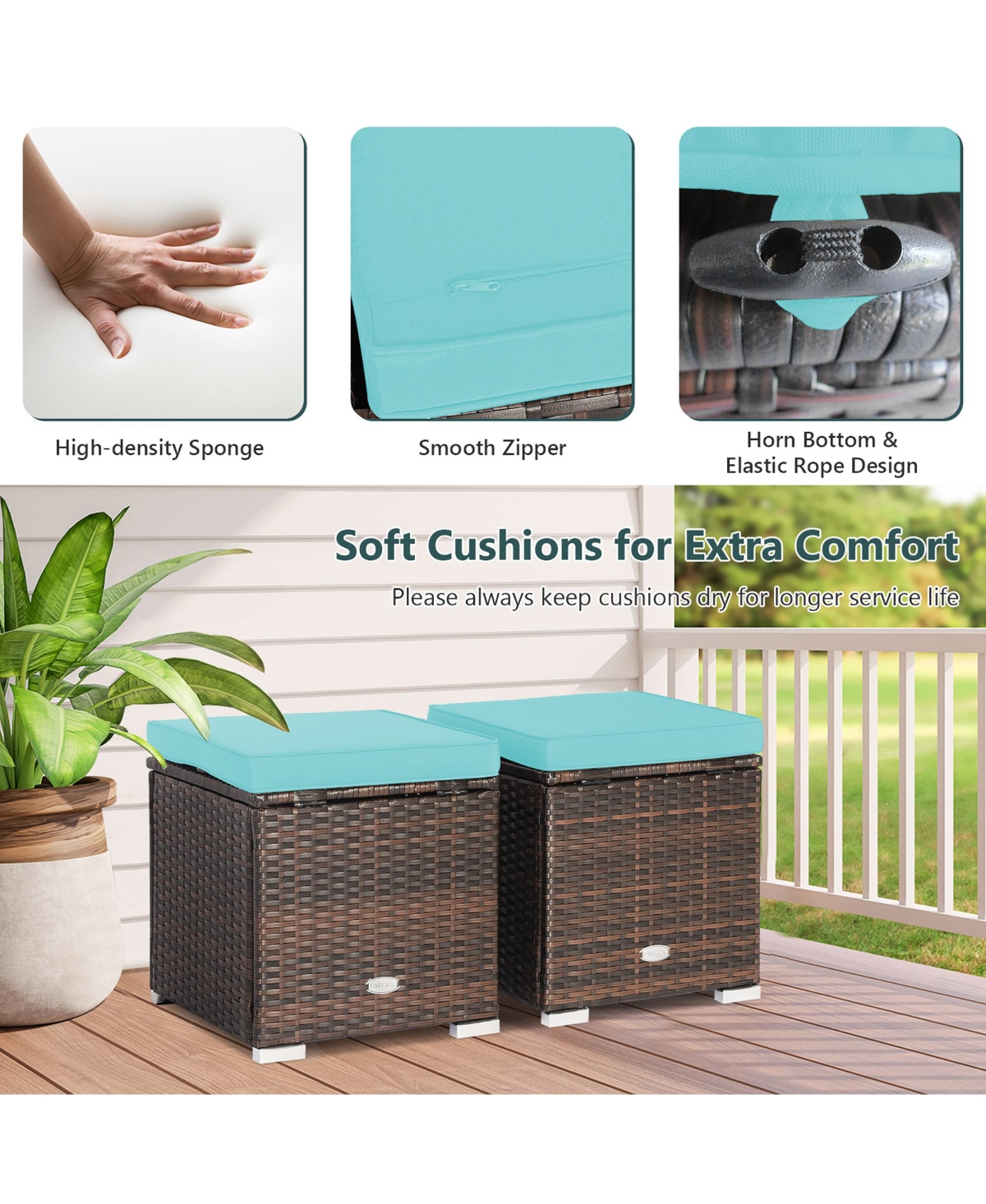 Costway 2PCS Patio Rattan Ottomans Seat Side Table Storage Box Footstool with Cushion