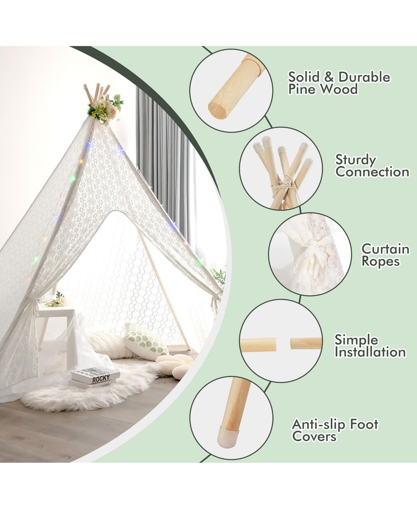 Детская игрушка Costway 5-Sided Lace Play Tent With Light Strings, Ages 3+, цвет: Белый — фото 8