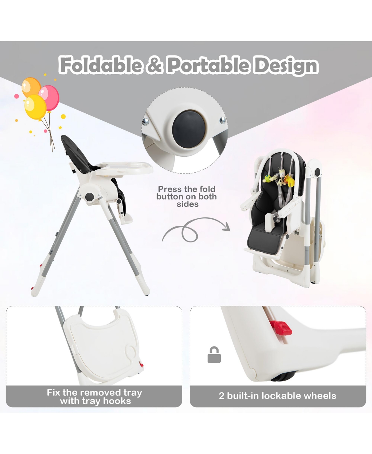 Costway Toddler Foldable High Chair with 7 Adjustable Heights & Free Toys Bar for Fun