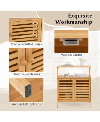 Bamboo Floor Cabinet Bathroom Storage Cabinet Storage Organizer w/ Shutter Doors