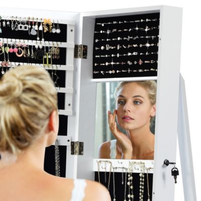 Mirrored Jewelry Cabinet Lockable Standing Storage Organizer W/ Shelf
