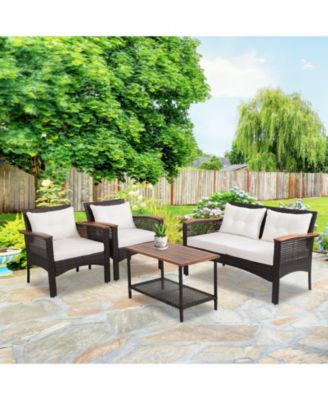 4PCS Rattan Patio Furniture Set Acacia Wood Outdoor Conversation Set w/ Cushions