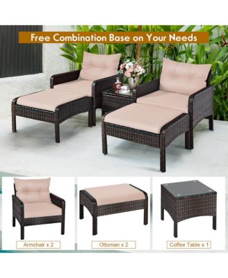 5 PCS Rattan Wicker Furniture Set Sofa Ottoman W/Brown Cushion Patio Garden Yard